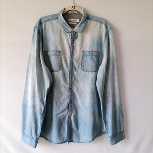 Calvin Klein Mens Sky Blue Collared Dual Pocket Body Fit Button Up Shirt Size XL